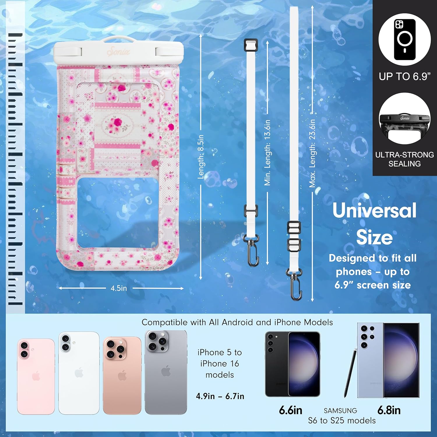 Sonix Waterproof Phone Pouch - Floating Phone Case Dry Bag w/Crossbody Lanyard - Beach Cruise Travel Essentials - Compatible w/All Devices, Touchscreen Friendly | Patchwork Cottage