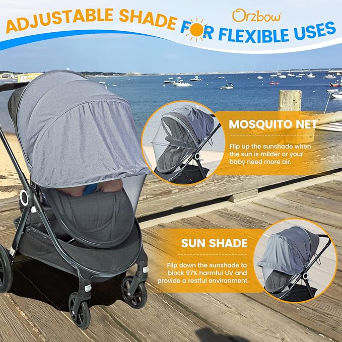 Orzbow 2-in-1 Baby Mosquito Net with UPF50+ Sunshade for Stroller, Breathable Stroller Mosquito Netting Privacy Cover with Two-Way Zipper & Storage Bag for Bassinet, Car Seat & Carrycot, Grey-BubblyBeeBaby