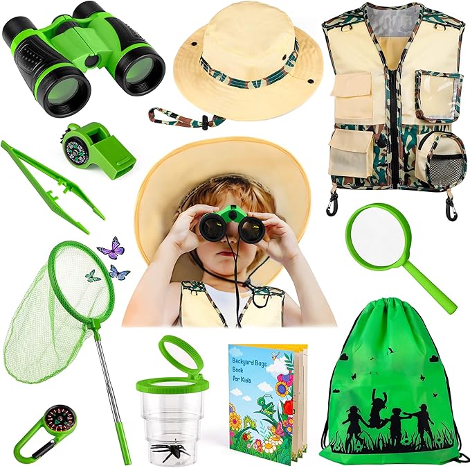 INNOCHEER Kids Explorer Kit & Bug Catcher Kit & Safari Costume Kit, Outdoor Exploration Set with Hat, Vest, Butterfly Net and Bugs Book for Boys Girls 3-12 Years Old (Camouflage Green)-BubblyBeeBaby