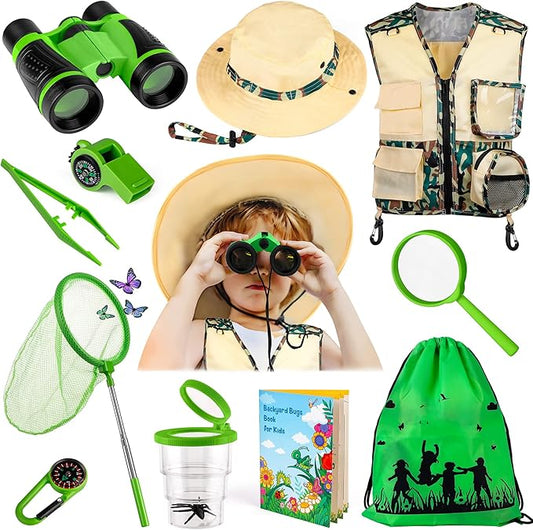 INNOCHEER Kids Explorer Kit & Bug Catcher Kit & Safari Costume Kit, Outdoor Exploration Set with Hat, Vest, Butterfly Net and Bugs Book for Boys Girls 3-12 Years Old (Camouflage Green)-BubblyBeeBaby
