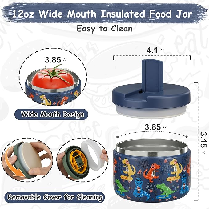 12oz Insulated Vacuum Food Jar with Buckle Lid Wide Mouth Soup Thermo for Hot Food Kids Leakproof Stainless Steel Lunch Container (Blue-Dinosaur)-BubblyBeeBaby