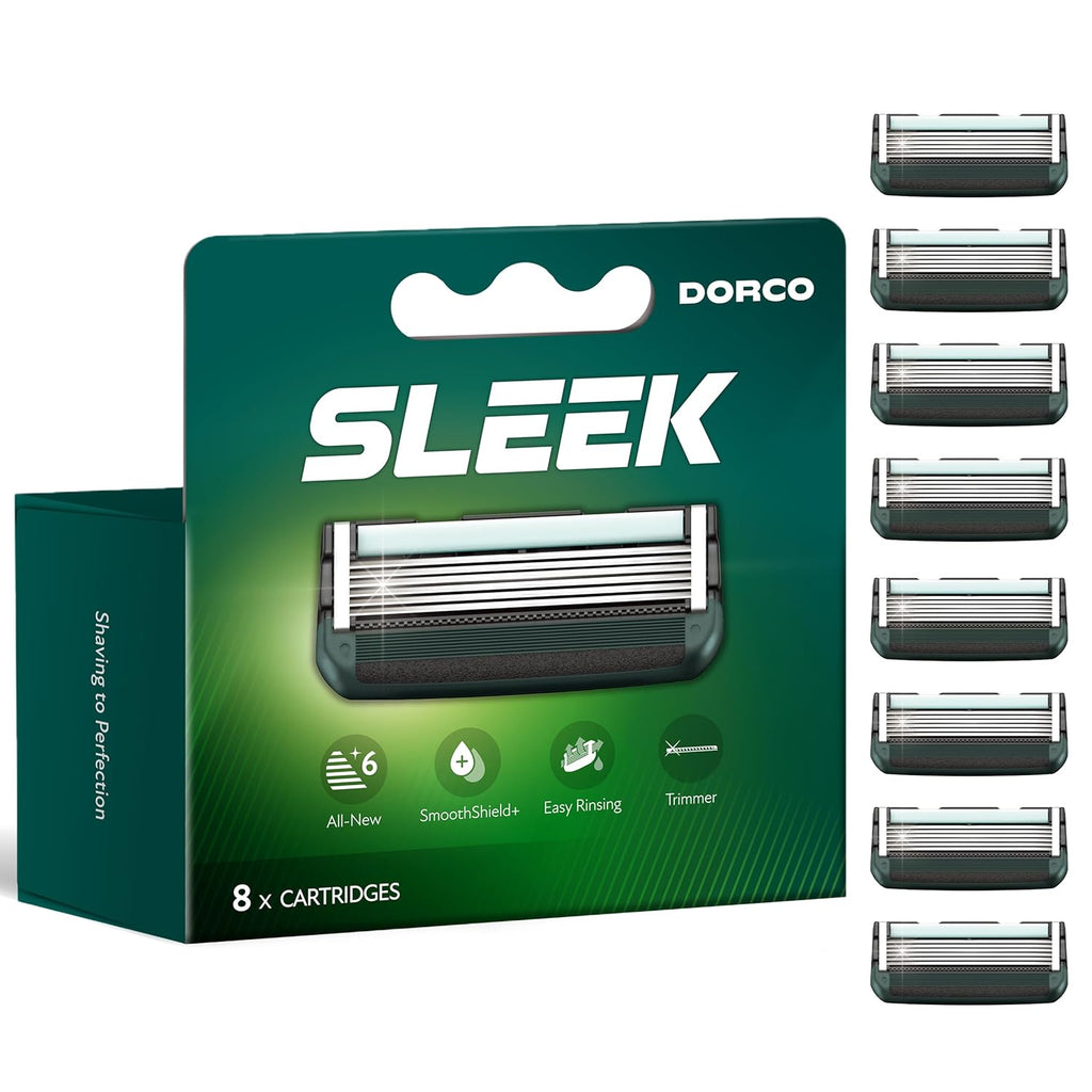 DORCO SLEEK Six Blade Razor System with Multi-Flex Technology Refill Set, Precision Shaving Razor Replacement Cartridge (8 Pack)