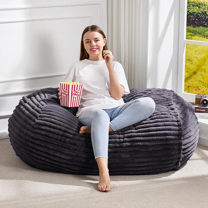 Hobestluk 3FT Bean Bag Chairs Adult Bean Bag with Portable Handle Comfy Large Bean Bag Chair with Removable Cover for Living Room Bedroom or Reading Nook (Stripe Dark Grey, 3FT)-BubblyBeeBaby