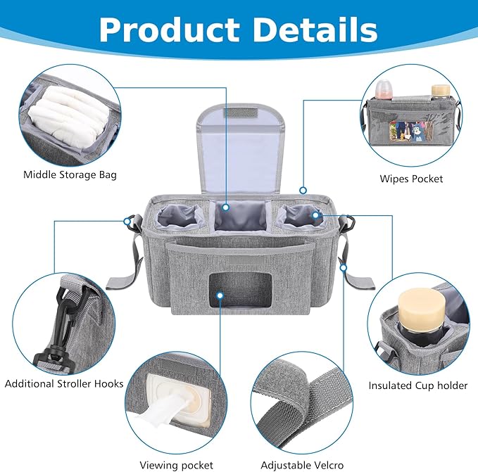 Accmor Universal Stroller Organizer with Insulated Cup Holder and Shoulder Strap, Stroller Bag Caddy Organizer Stroller Accessories for Uppababy, Baby Jogger, Nuna, Doona, Britax Strollers-BubblyBeeBaby
