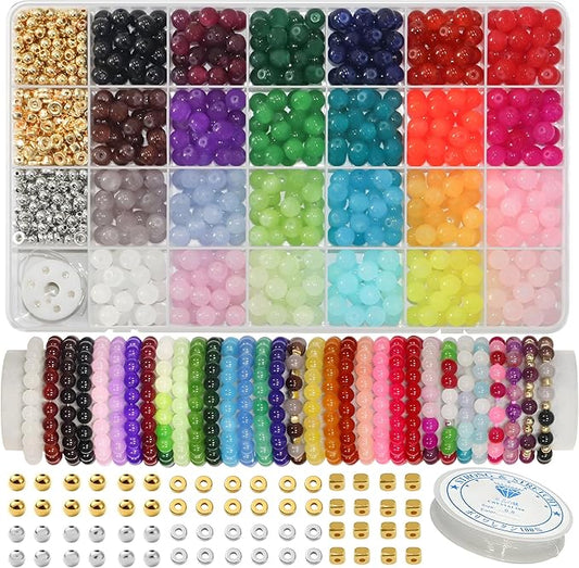 JULIMAIDONG 8mm Glass Beads for Bracelets 1000pcs, 24 Colors Round Crystal Glass Bracelet Beads Making Kit for Jewelry Making Kits Bead DIY Crafts with Spacer Charms Accessories (8MM, 24 Color)-BubblyBeeBaby