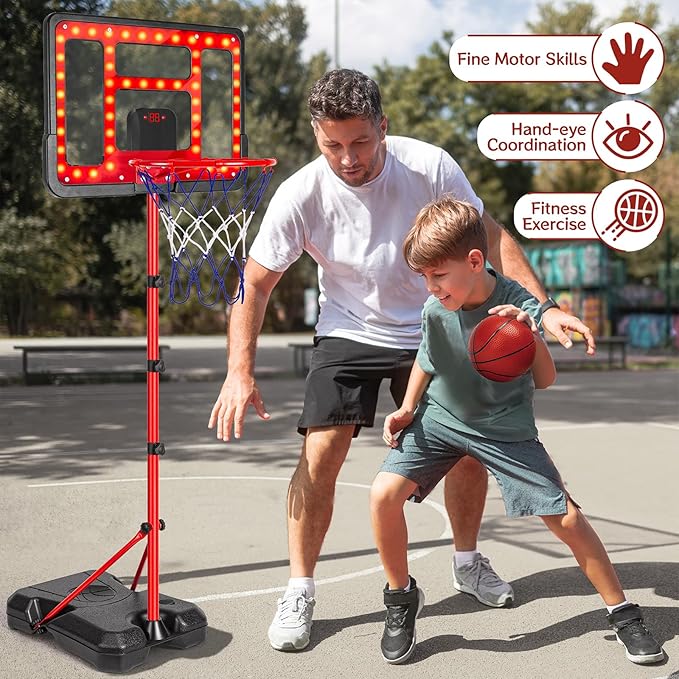 Kids Basketball Hoop Adjustable Height 3.5FT-6.2FT, Indoor Outdoor Toddler Basketball Hoop with LED Scoreboard, Boys Basketball Toy for 3 4 5 6 7 8 Years Gift, Portable Basketball Goals Sport Game-BubblyBeeBaby