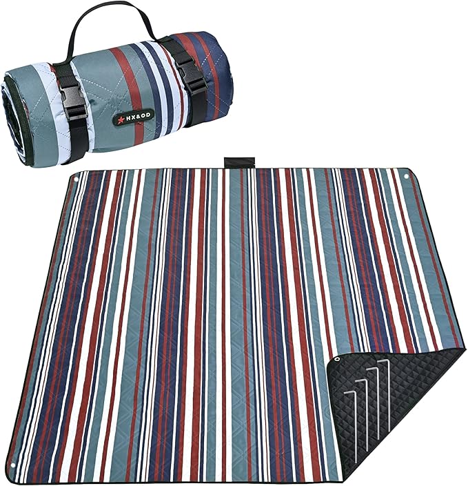 HX&OD Outdoor Picnic Blanket Extra Large, 80''*60'' Waterproof Picnic Mat with Stakes Foldable Camping Blanket Portable with Carry Strap for Beach Mat (Green& White, 80''*60'')-BubblyBeeBaby