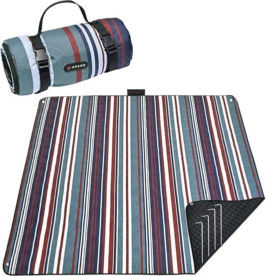 HX&OD Outdoor Picnic Blanket Extra Large, 80''*60'' Waterproof Picnic Mat with Stakes Foldable Camping Blanket Portable with Carry Strap for Beach Mat (Green& White, 80''*60'')-BubblyBeeBaby