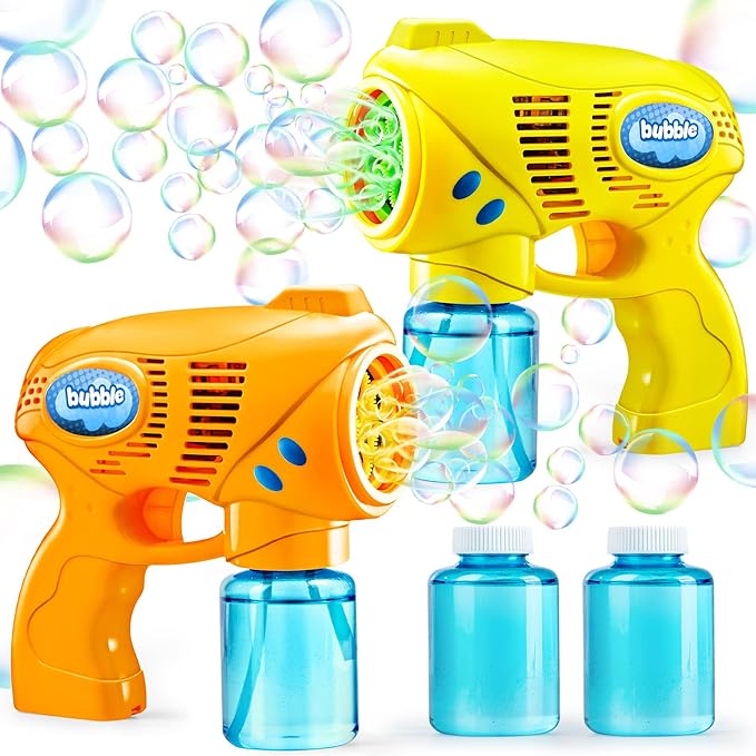 JOYIN 2 Bubble Guns with 2 Refill Solution (10 oz Total), Bubbles Maker, Blower for Kids, Toddlers, Outdoors Activity, Birthday Gift, Easter Basket Stuffers (Yellow+Orange)-BubblyBeeBaby