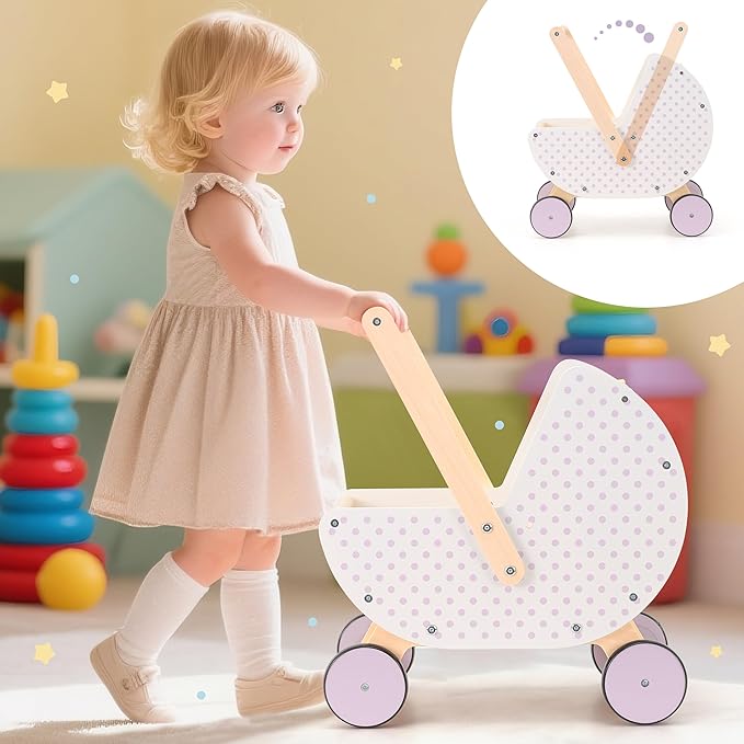 Wooden Baby Walker & Doll Stroller – Adjustable Handle Push Cart, Anti‑Tip, Quiet Wheels, Pretend Shopping Cart – Montessori Wooden Walker for Babies, Doll Stroller for Toddlers 12m+-BubblyBeeBaby