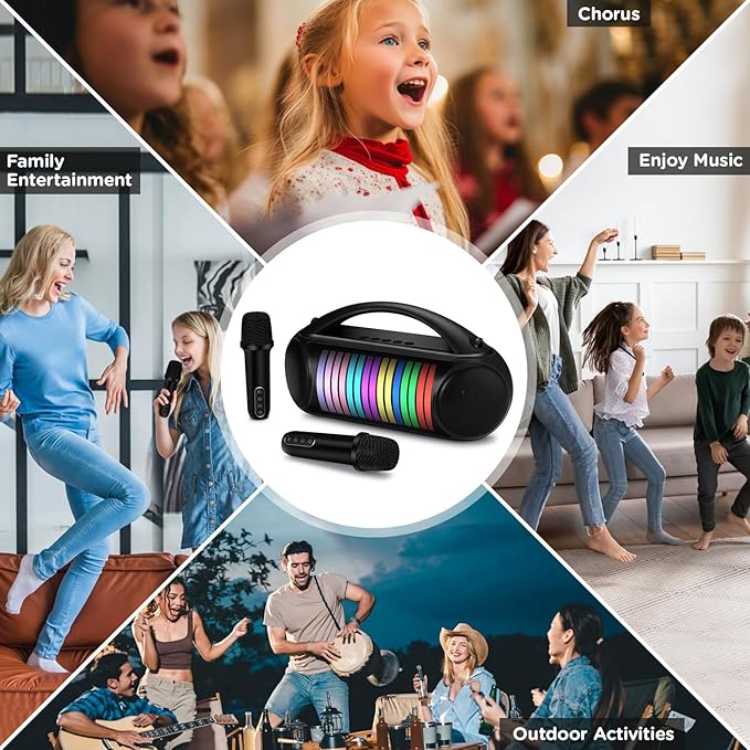 Karaoke Machine Portable Bluetooth Speaker with 2 Wireless Microphones Rechargeable Karaoke Machine for Kid and Adult Party PA Speaker Multiple LED Light Mode Support TWS/Radio/AUX/REC-BubblyBeeBaby