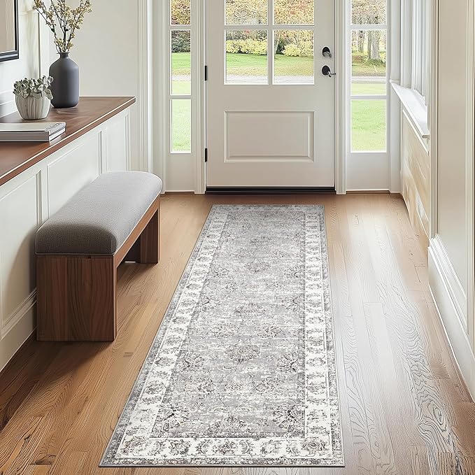 jinchan Runner Rug 2x7 Machine Washable Hallway Rug Grey Vintage Floral Print Non-Slip Low Pile Ultra-Thin for Kitchen,Entryway,Laundry Room,Bedroom,Farmhouse (2‘x7’,Grey)-BubblyBeeBaby
