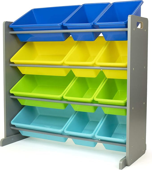 Humble Crew Kids Toy Storage Organizer with 12 Plastic Bins, Grey/Blue/Green/Yellow – Removable Bins for Playroom, Bedroom, Toddler Furniture for Boys and Girls Ages-BubblyBeeBaby
