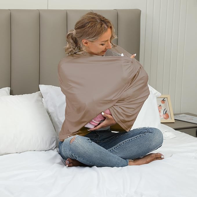 Breathable Car Seat Cover for Babies – Multi-Purpose Soft Rayon Nursing Cover for Breastfeeding, High Stretchy Infant Carseat Canopy, Stroller Cover (Smooth Rayon, Mocha Natural)-BubblyBeeBaby