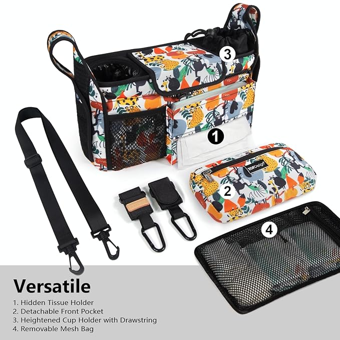 TOPDesign Universal Baby Stroller Organizer, Stroller Caddy with Detachable Mesh Bag & Heightened Insulated Cup Holders & Non-Slip Secure Hooks Accessories, Fits Most Strollers (Zoo)-BubblyBeeBaby