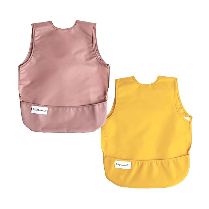 Tiny Twinkle Mess Proof Apron Bibs - 2 Pack Waterproof & Lightweight Baby Bibs for Led Weaning | 100% Recycled Polyester, Easy Clean & Machine Washable (Taupe Dandelion,Small 6-24 Months)-BubblyBeeBaby