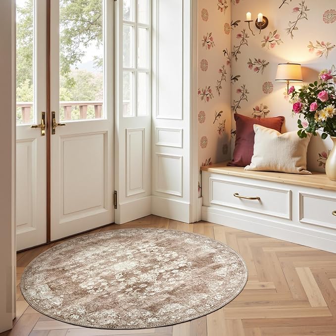 jinchan Round Rug 4ft Area Rug - Brown Vintage Floor Mat Kitchen Indoor - Washable Circle 4' Thin Floral Print Carpet Retro Farmhouse Non Slip Dining Room Living Room Bedroom Office-BubblyBeeBaby