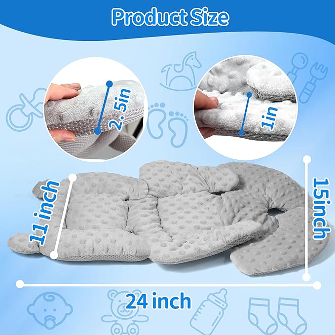 3in1 Baby CarSeat Head Support for Infant, Reversible Soft Infant Car Seat Insert Newborn Boy Girl, Breathable Cotton Head Body Support Pillow Cushion,Stroller,Swing,Bouncer,Baby Registry,Grey-BubblyBeeBaby