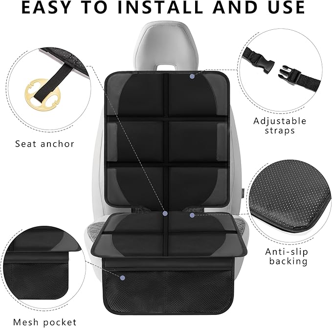 Car Seat Protector for Child Car Seat, 2 Pack Baby Car Seat Covers with Mesh Pockets & Non-Slip Backing 600D Durable Seat Protector Under Baby Car Seat for Car Back Seat (Black, Large)-BubblyBeeBaby
