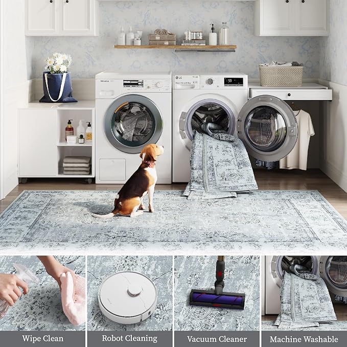 jinchan Hallway Runner Rug 3x8 Washable Runner - Vintage Floral Non Slip Low-Pile Soft Thin Faux Wool Kitchen Rug Distressed Carpet for Farmhouse Bedroom Laundry Room(3x8ft,Grey)-BubblyBeeBaby