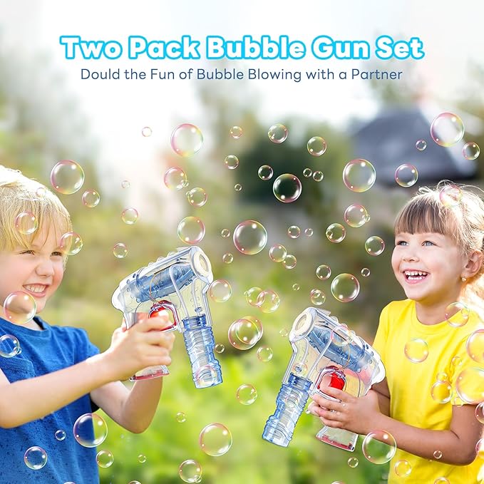 Kid Odyssey 2 Pack Bubble Gun with 4 Refill Solution and 3 Colorful LED Light, Bubble Machine for Kids, Bubble Maker for Party Favors, Birthday Gift, Indoor Outdoor Toys for Toddlers-BubblyBeeBaby