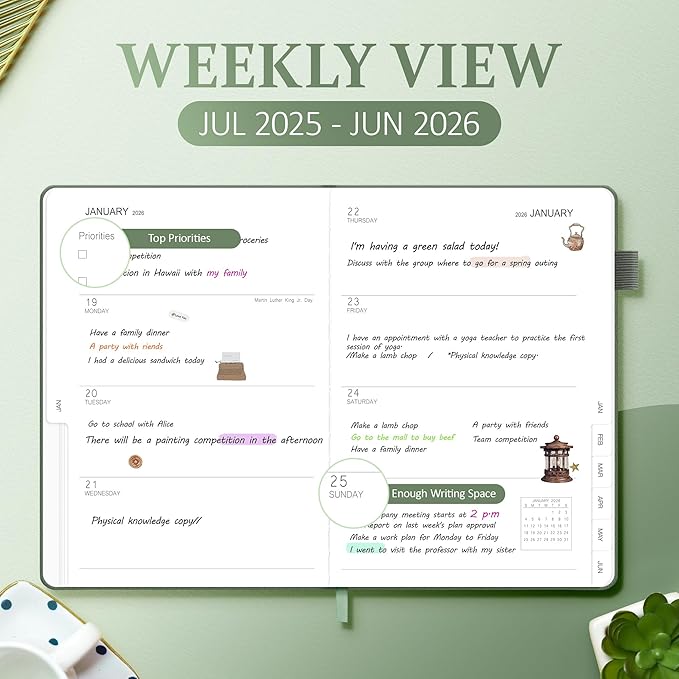 2025-2026 Planner for Women, Lather Weekly & Monthly Organizer, July 2025-June 2026, Hardcover with Gold Foil, Tabs, and Inspirational Pages - Ideal for Professionals, Green-BubblyBeeBaby