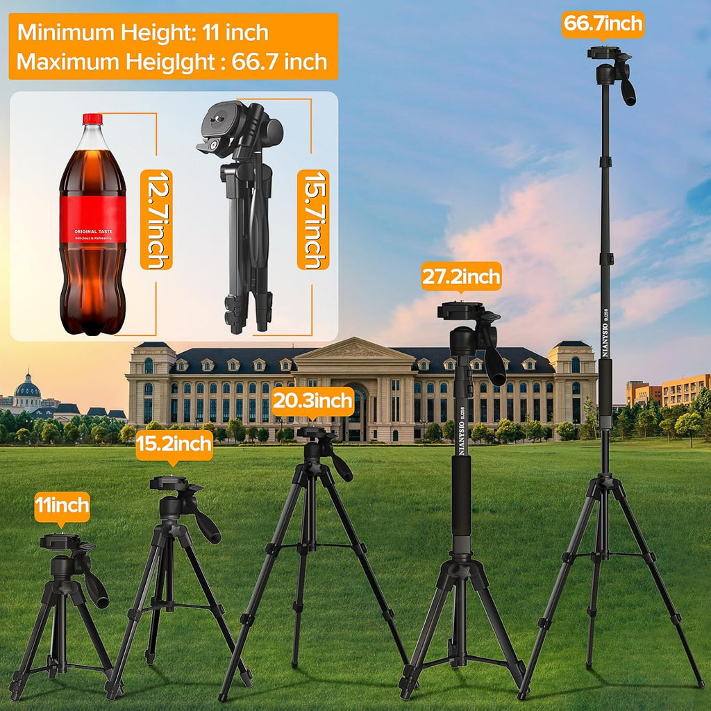 Camera Tripod 66.7 Inch, Patented 3-Way Rotating Portable Cameras Stand Professional Aluminum Travel Phone Camera Mount Monopod for Camera, Smartphone, Suitable for Various Live Vlogging