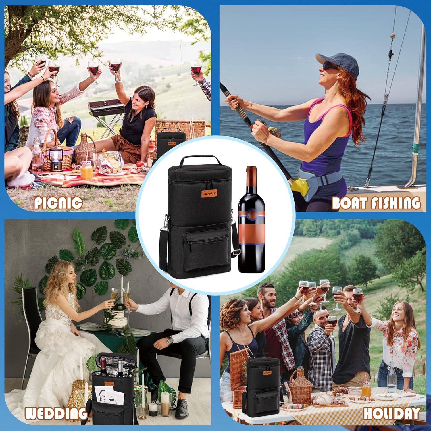 Insulated Wine Carrier Bag for 2 Bottles with Padded Shoulder Strap