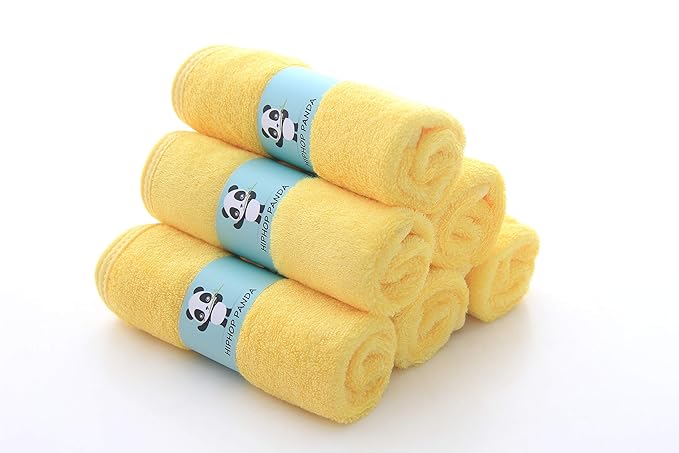HIPHOP PANDA Baby Washcloths, Rayon Made from Bamboo - 2 Layer Ultra Soft Absorbent Newborn Bath Face Towel - Reusable Baby Wipes for Delicate Skin - Yellow, 6 Pack-BubblyBeeBaby