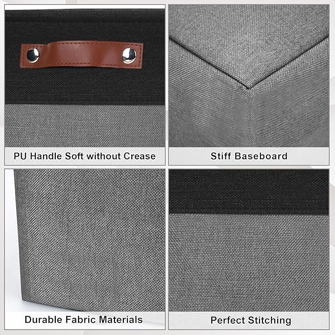 13x13 Cube Storage Bins, Collapsible Fabric Storage Box, 4 Pack Closet Baskets with Handles for Organizing, Shelf, Toys, Clothes, Home, Office, Nursery (Grey&Black)-BubblyBeeBaby