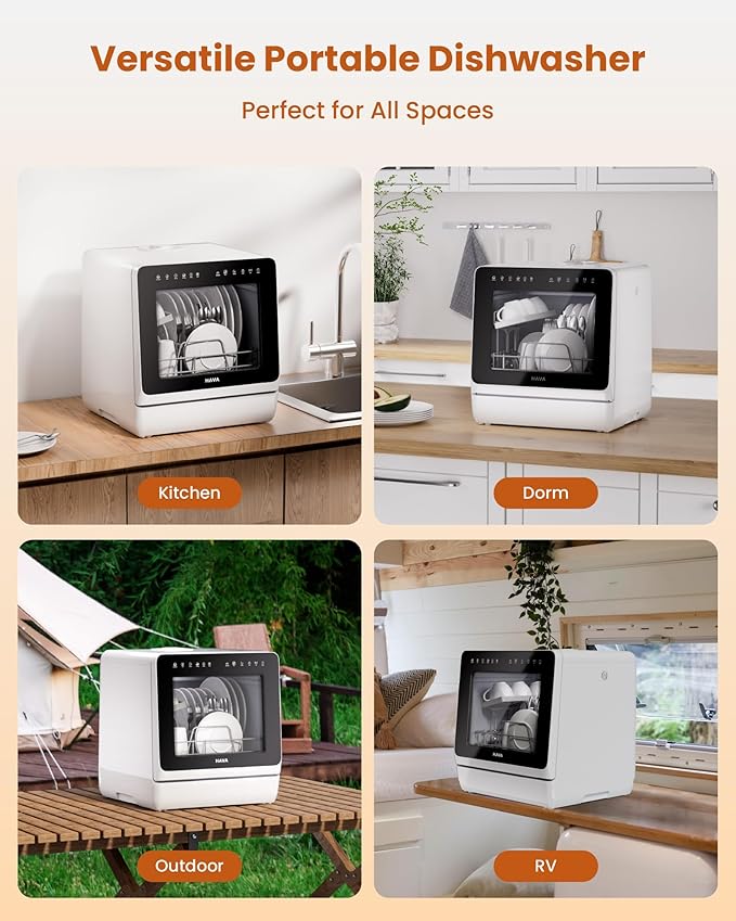 HAVA 2025 NEW Upgraded Countertop Dishwasher with Water Softener and Enhanced Energy Efficiency, Portable Dishwasher with 8 Wash Programs, Child Lock & Delayed Start Function, No Installation Needed-BubblyBeeBaby