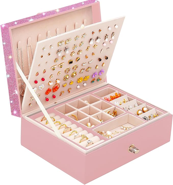 Jewelry Box for Earrings for Girls Jewelry Organizer Box Earring Holder Organizer for Girls Earring Box Jewelry Box Stud Earring Organizer for Girls Earring Jewelry Boxes for Women Pink Bling-BubblyBeeBaby
