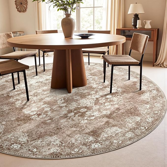 jinchan Round Rug 7ft Area Rug - Brown Vintage Floor Mat Kitchen Indoor - Washable Circle 7' Thin Floral Print Carpet Retro Farmhouse Non Slip Dining Room Living Room Bedroom Office-BubblyBeeBaby
