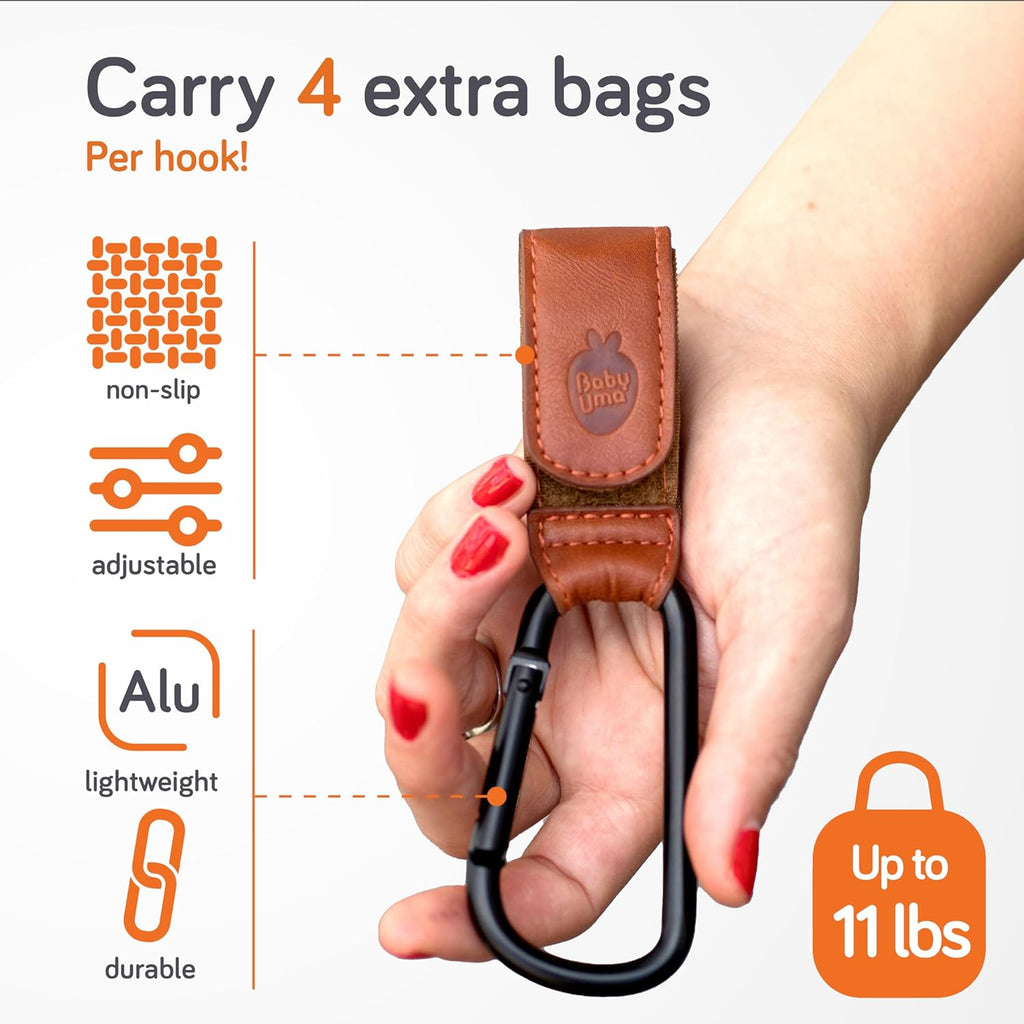 Baby Uma Stroller Hooks for Bags (2 Pack) - Leather-Style Stroller Clips and Hooks, Non-Slip Stroller Accessories, Carry 11 lbs Per Stroller Hook, Universal Baby Essentials & Stroller Accessories