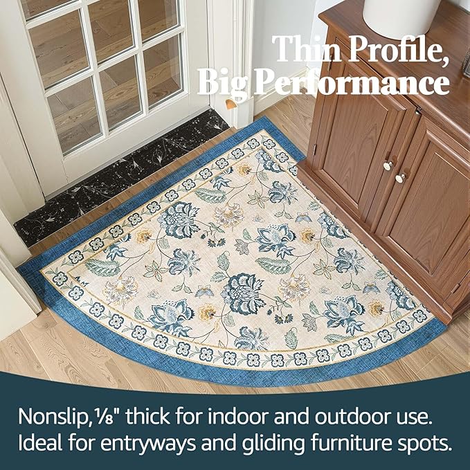 jinchan Floral Corner Rug for Entryway Washable Kitchen Rug Vintage Romance Design Non Slip Quarter Circle Lightweight Low-Pile Throw Carpet for Playroom Reading Nook Nursery, 4ft Radius, Blue/Beige-BubblyBeeBaby