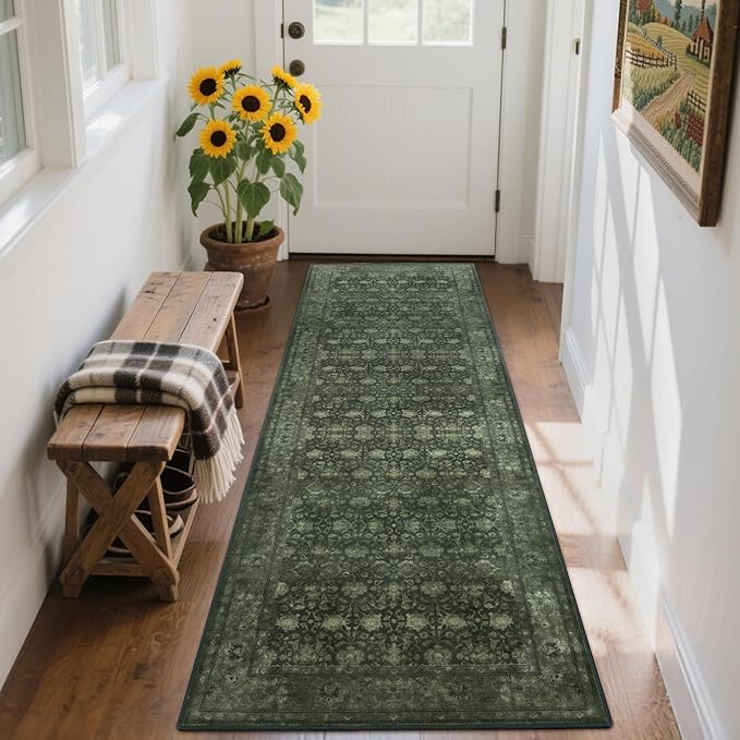 2'6x8' Washable Runner Rug for Hallway, Non Slip Vintage Floral Long Carpet Runners for Entryway, Kitchen, Bathroom, Bedroom, Low Pile Laundry Rugs Rubber Backing (Distressed Green)-BubblyBeeBaby