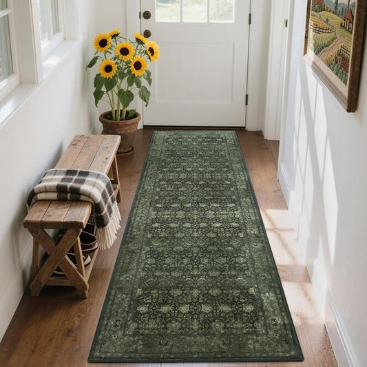 2'6x8' Washable Runner Rug for Hallway, Non Slip Vintage Floral Long Carpet Runners for Entryway, Kitchen, Bathroom, Bedroom, Low Pile Laundry Rugs Rubber Backing (Distressed Green)-BubblyBeeBaby