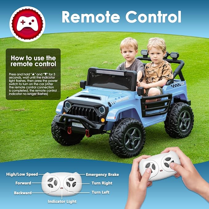 24V 2 Seater Ride On Truck with Remote Control 4WD Electric Car for Kids Ride On Car Battery Powered Ride On Toy Car with Music Player, LED Lights, Bluetooth, Rear Shock Absorber, Gray Blue-BubblyBeeBaby