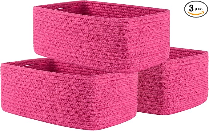 KALLAX Small Woven Basket, 13.5 x 9.5 x 5 Inches, Storage Basket for Organizing, Cute Small Rope Shelf Closet Cube Storage Bins Baskets for Shelves, Dog Toy Gift Baskets Empty, 3 Packs, Hot Pink-BubblyBeeBaby