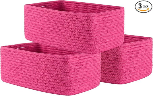 KALLAX Small Woven Basket, 13.5 x 9.5 x 5 Inches, Storage Basket for Organizing, Cute Small Rope Shelf Closet Cube Storage Bins Baskets for Shelves, Dog Toy Gift Baskets Empty, 3 Packs, Hot Pink-BubblyBeeBaby