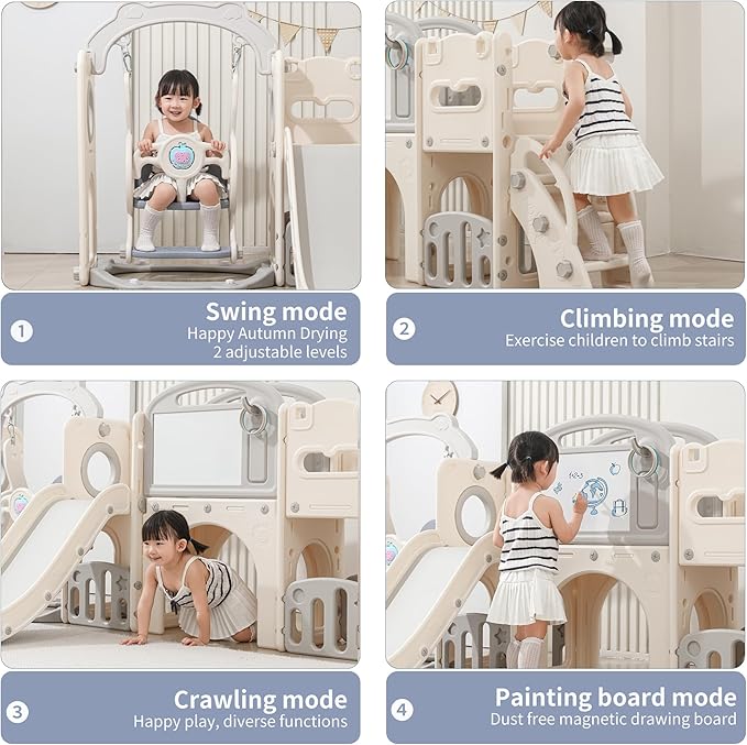 12 in 1 Toddler Outdoor Playset with Swing, Indoor Swing and Slide Set Playground for Toddlers 1-3, Durable Climber Basketball Hoop Ball Toddler Indoor Playset for Home Playground-White Grey-BubblyBeeBaby