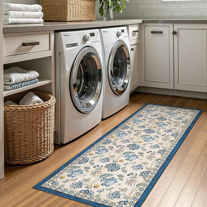 jinchan 2x5 Floral Runner Rug for Hallway Washable Kitchen Runner Vintage Romance Design Non Slip Thin Indoor Floor Cover Low-Profile Throw Carpet for Entryway Bathroom Bedroom Porch, Blue/Beige-BubblyBeeBaby