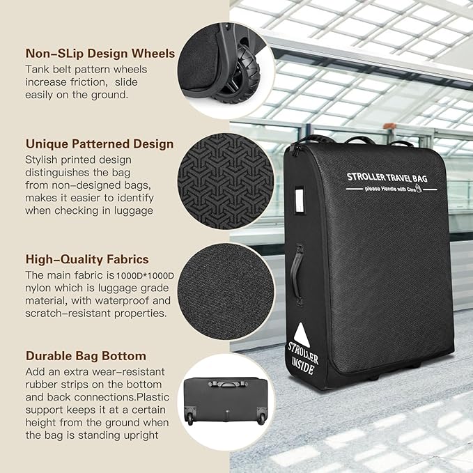 RAYMACE Padded Stroller Travel Bag for Airplane,Stroller Gate check bag with Wheels Compatible with UPPAbaby Vista,Vista V2,Cruz,Cruz V2, Travel Safe Protection Storage Bag,Patterned Design,Black-BubblyBeeBaby