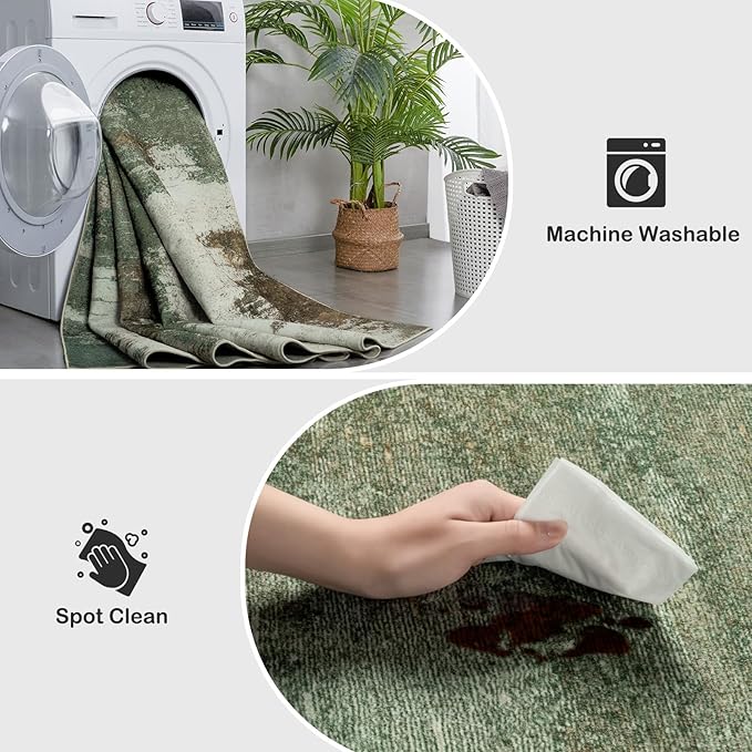 Kelarea Living Room Rug, 8x10 Rug Modern Abstract Washable Rugs Green Faux Wool Vintage Carpet, Non Slip Large Rugs for Bedroom, Dining Room, College Dorm, Home Office-BubblyBeeBaby