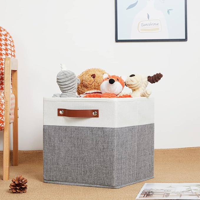 HNZIGE Set of 4, Foldable Storage Cube Bin Baskets, Fabric 11x11 Cube Storage Bins for Storage with Handles, Shelf Bins for Cube Home Toy Nursery Closet(White Gray)-BubblyBeeBaby