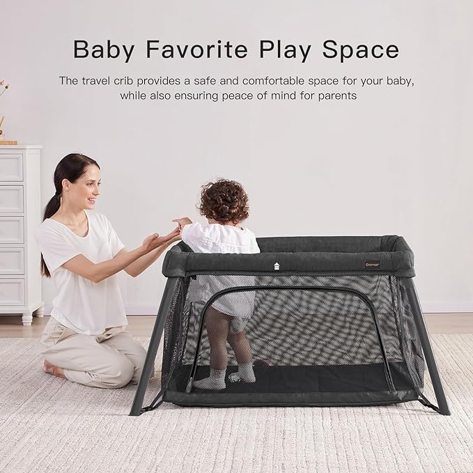 2 in 1 Portable Travel Crib for Toddler, Foldable Crib for Baby, Lightweight Playpen Collapsible Playard with Soft Mattress, Easy to Carry Baby Travel Bed for Outdoor, Indoor (Black)-BubblyBeeBaby