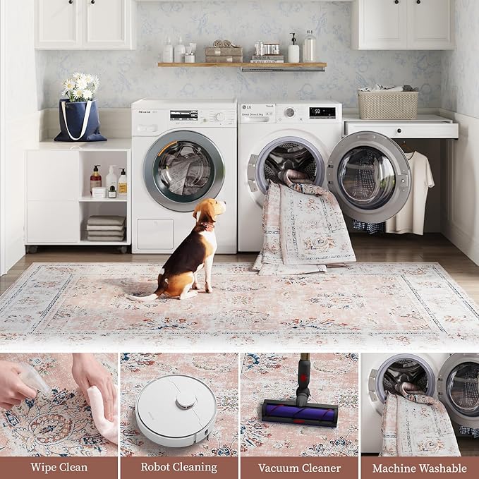 jinchan Long Hallway Runner Rug 2x12 Machine Washable Runner Rug Pink Vintage Floral Design Non-Slip Ultra-Thin for Kitchen Laundry Room Bedroom Farmhouse (2‘x12',Pink)-BubblyBeeBaby