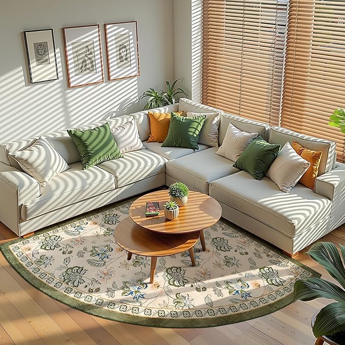 jinchan Floral Corner Rug for Kitchen Washable Nursery Rug Vintage Romance Design Non Slip Quarter Circle Lightweight Low-Pile Throw Carpet for Playroom Reading Nook Office, 5ft Radius, Green/Beige-BubblyBeeBaby