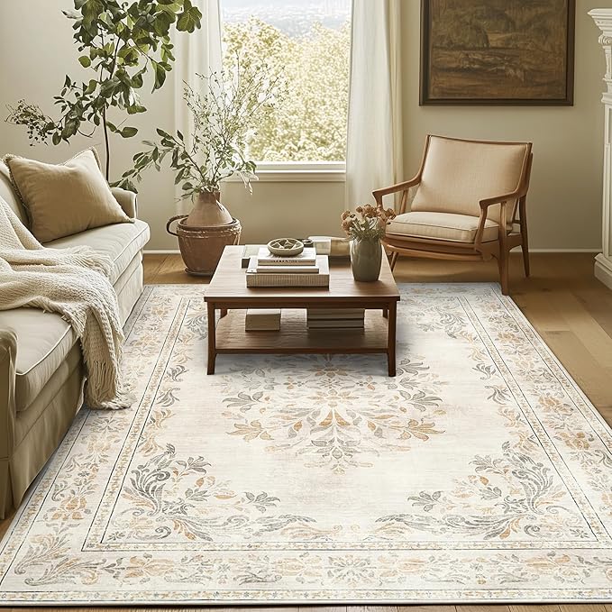 jinchan Vintage Floral 8x10 Area Rugs for Living Room - Machine Washable Distressed Design Soft Throw Rug Thin Non-Slip Large Carpet for Bedroom Nursery Dining Room Home Office (8x10ft,Light Grey)-BubblyBeeBaby