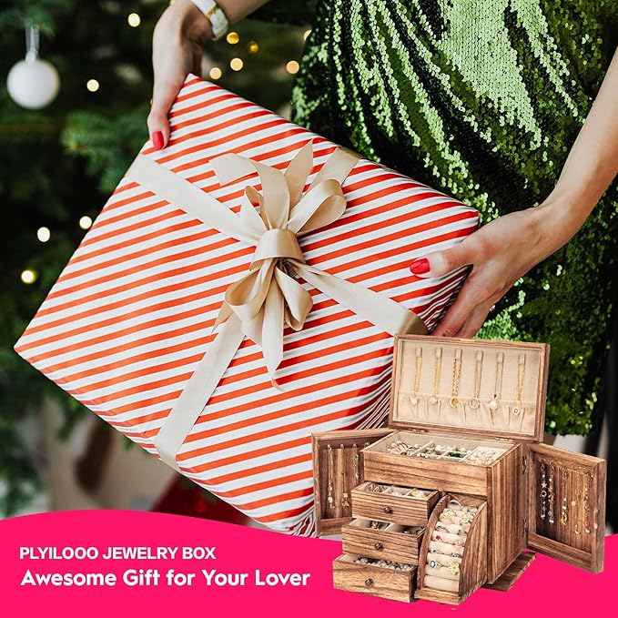 Jewelry Box Organizer, Solid Wood Jewelry Boxes for Women for Storage & Display Necklace Ring Earring Bracelet, Rustic Style Jewelry Organizer Box for Women Gifts (Carbonized Brown)-BubblyBeeBaby